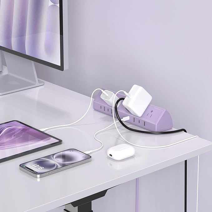 Jgstkcity Desk Clamp Power Strip,65W Fast Charging Station,4 USB-C,4 USB-A,1200J Surge Protector,ETL Listed,1875W Extension Cord,Multiple Outlets for Home, Office (Purple, 6 FT Cable)