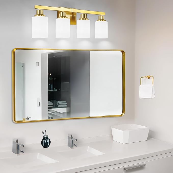 DIKAIDA 4-Light Gold Vanity Light, Modern Gold Bathroom Light Fixtures Over Mirror with Milky White Glass Shade, Bath Wall Mount Lights Wall Lamp for Mirror Bedroom, Living Room Hallway Kitchen