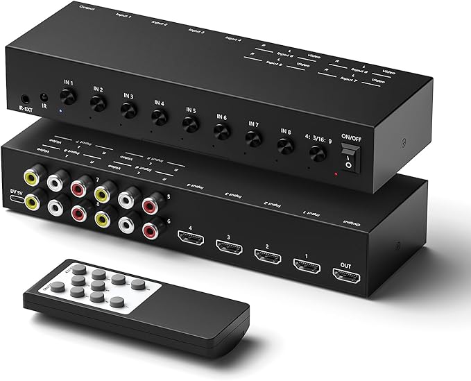 RuiPuo 8-Input to 1-HDMI-Output Converter (Consisting of 4 AV Inputs and 4 HDMI Inputs) Switchbetween Quick Different Sources(8 in-1 Out)