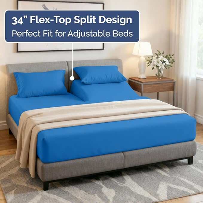 Split Head King Sheet Set – 4 Piece Flex Split Top King Sheets for Adjustable Beds - Fits 14” to 16" Mattress w/ Deep Pockets - Soft, Breathable & Cooling - Luxury Bedding & Wrinkle Free - Royal Blue