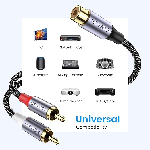 MOSWAG RCA Splitter 1 Female to 2 Male 2 Pack, RCA Y Splitter Audio Video Cable Splitter Adapter for Amplifiers, Gaming Consoles, CD Player, Subwoofer, Home Theater, HDTV