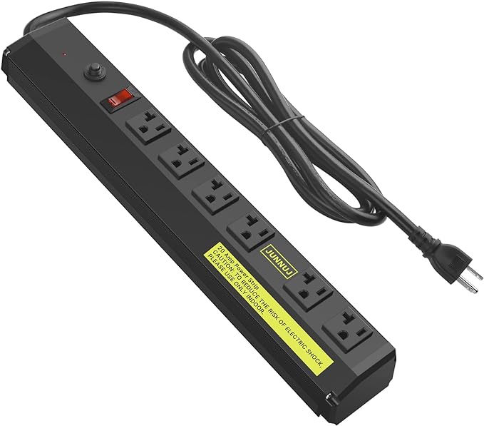 JUNNUJ Heavy Duty Metal Power Strip 20 Amp, High Amp Surge Protector 6 Outlet, 20A Power Strips Workshop Industrial Outlets Wide Spaced 6-20R T-Slot with Circuit Breaker, 12 Gauge Extension Cord 10ft