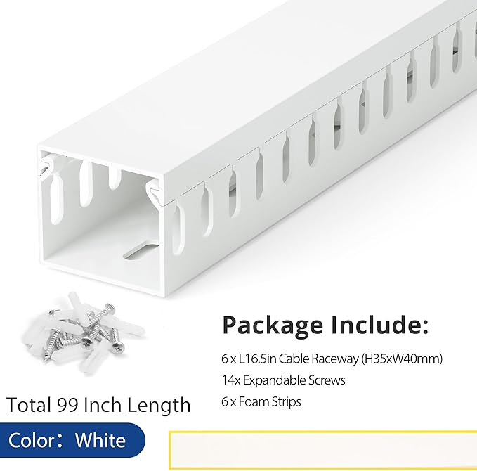 ZhiYo 99in(6X L16.5in) Server Rack Cable Management Raceway, H1.4in x W1.6in Cable Raceway Kit, Electrically Safe PVC Open Slot Wire Raceway for Under Desk/Computer/Network Cords, White