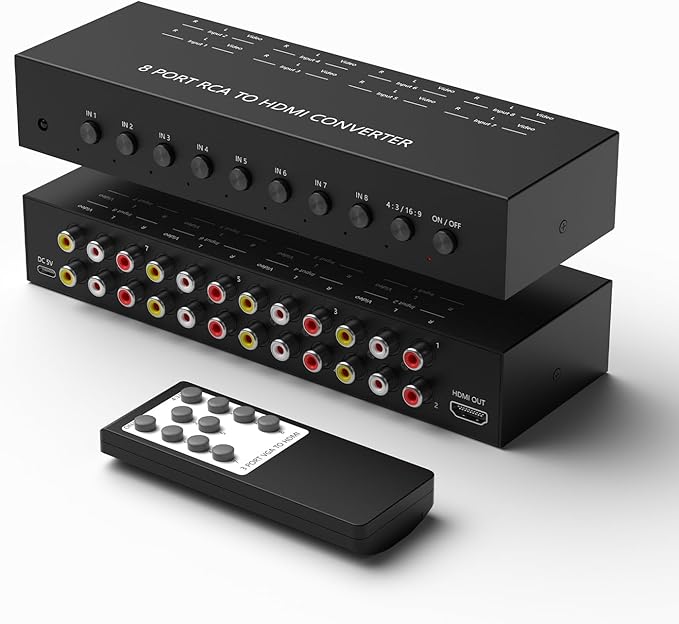 RuiPuo 8Port AV to HDMI Converter Adapter Support 16:9/4:3 Switch for Wii/N64/PS1/PS2/PS3/VHS/VCR/DVD Players etc (8Port RCA in to 1 HDMI Converter with IR Remote)