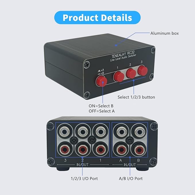 TENEALAY 3 in 2 Out RCA Stereo Audio Switch Input Signal Source Switcher Selector Splitter Box -RC32