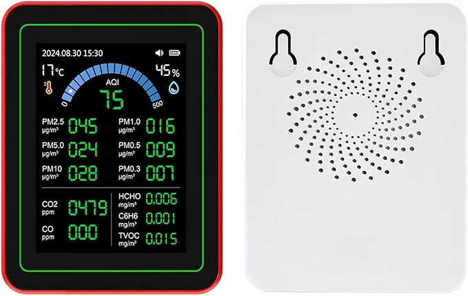 Air Quality Meter 18 in 1 Portable Battery Powered Indoor Air Quality Monitor with CO2 TVOC HCHO PM2.5 PM10 Temp Humidity Detection Data Storage for Home Office School