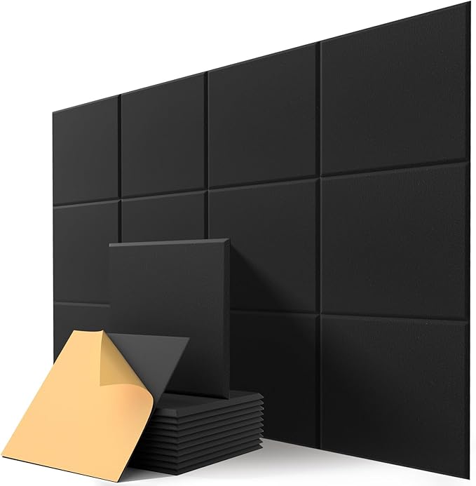 Square Acoustic Wall Panels, Sound Absorbing Panels for Walls, Ceiling, Doors, 12 Pack 12"x12"x0.4" Self Adhesive Decorative Black Acoustic Tiles for Recording Studio, Office, Room, Home