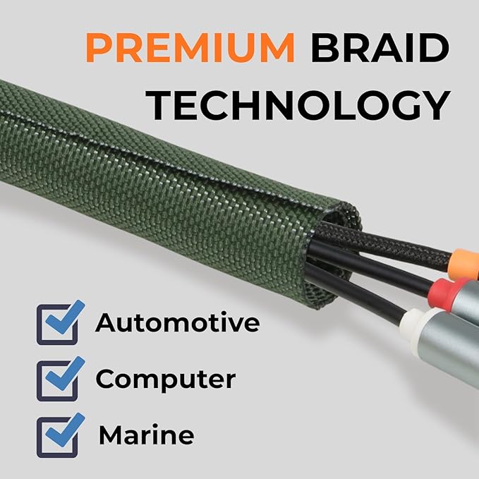 HOLED 1/8 inch Split Braided Cable Management Sleeve for USB Cable Power Cord Audio Video Cable, Wire Loom Cord Protector from Cat Dog Chewing (Dark Green, 25FT)