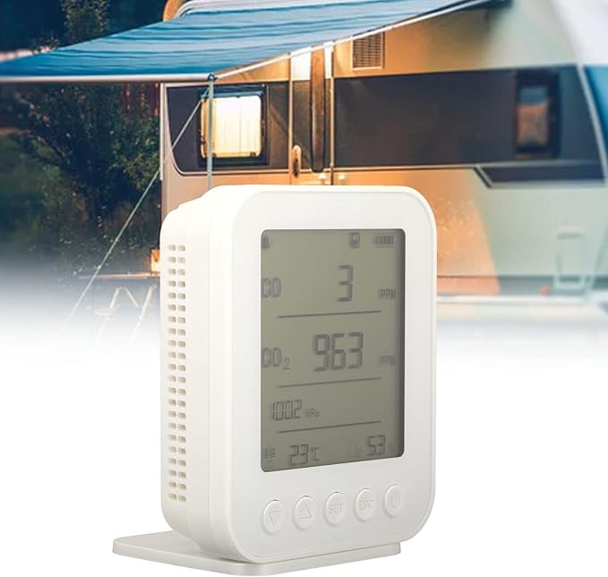 Torvex CO2 Monitor, Air Quality Meter with LCD Humidity Temperature Pressure Sensor, Indoor CO2 Detector 7 in 1 5V White Desktop Unit for Home Office Environment Monitoring