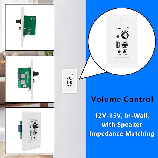 PNWCZ in Wall Audio Control Amplifier Receiver Compatible with Bluetooth 2 Channel Wall Plate with USB Microphone Aux (3.5mm) Input 120W for Sound Systems Home Theater Integration