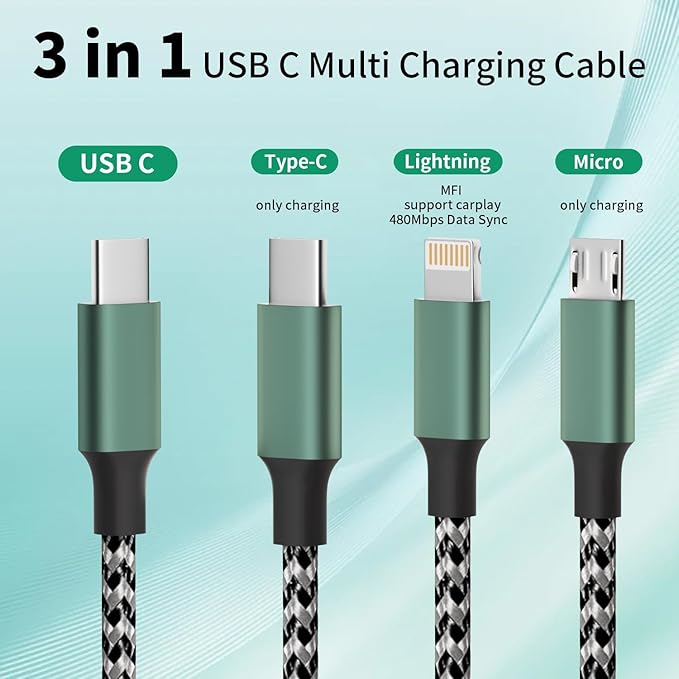 USB C Multi Charging Cable, (3 Pack 4FT), 3 in 1 Charging Cable Nylon Braided Universal Charger Cable with Type-C, Micro USB,IP Port for iPhone16/15 Series/Cell Phones & Pads and Other Devices