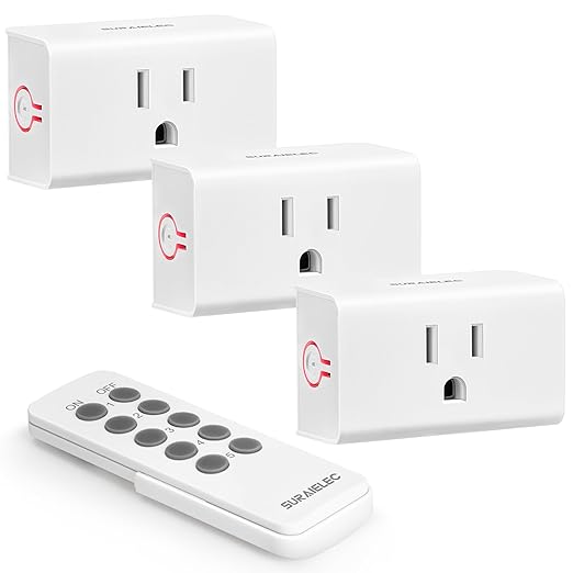 SURAIELEC Remote Control Outlet, Wireless Light Switch - 3 Outlets + 1 Remote, 15 AMP, 100FT Range, No Interference, Remote Light Switch Kit for Lamp, Fan, Christmas Tree Light, Household Appliance