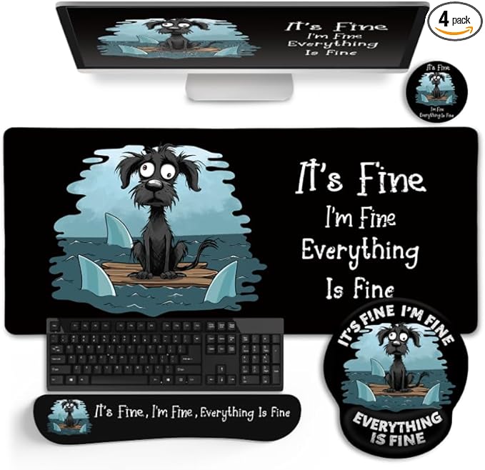LIMKRIAN Funny Dog Mouse Pad Set Large Desk Mat With Wrist Rest for Gaming, Ergonomic Mousepad, Keyboard Mat, Cup Coaster Set, Office Accessories - It's Fine
