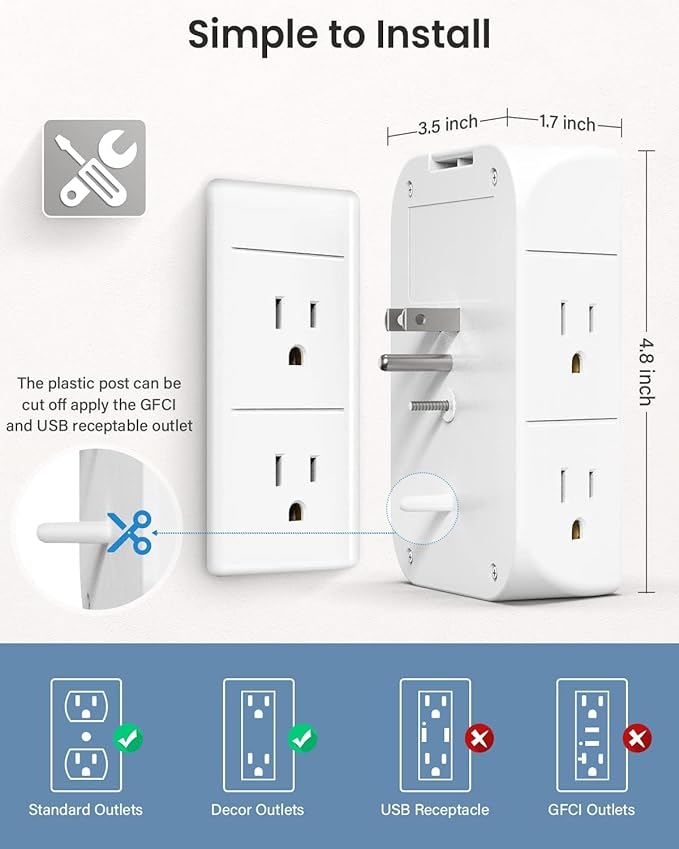 PD20W Wall Outlet Extender, Outlet Splitter with Shelf and Night Light, USB Wall Charger with 5 AC Outlets and 3 USB A Ports 1 USB C Ports Wide Space 3-Sided Power Strip Multi Plug Outlets