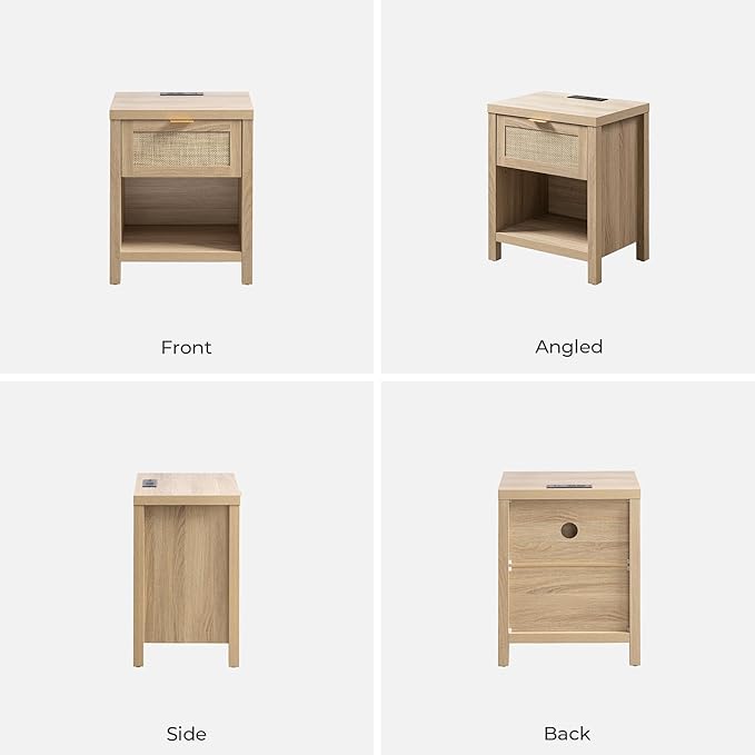 SICOTAS Night Stand with Charging Station - Rattan Nightstand with Type-C and USB Ports, Farmhouse Boho Bed Side Table with Drawer and Open Shelf for Bedroom Small Space, Light Oak