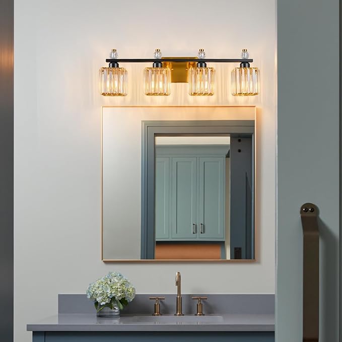 FDPBY Vanity Lights 4-Light Modern Crystal Vanity Light Black Gold Bathroom Light Fixtures Over Mirror Crystal Bathroom Vanity Lighting Fixtures