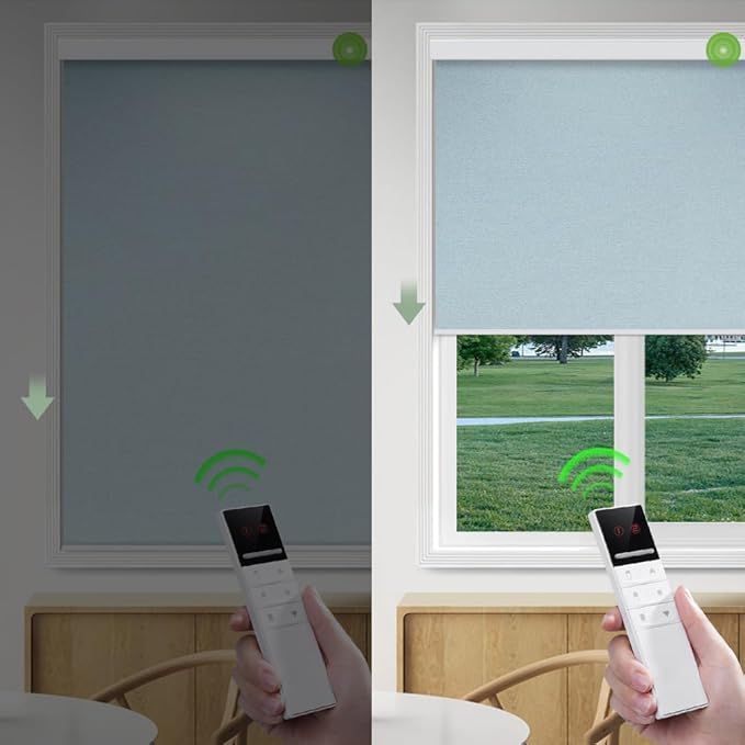 ZSHINE Motorized Blackout Window Blinds Customize Width Remote Control Rechargeable Motor Roller Shades for Windows, Home, Office, Hotel, Club, Restaurant(82026G)