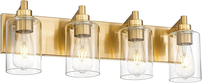 METWET 4-Light Bathroom Light Fixtures, Brushed Gold Vanity Light with Cylinder Clear Glass Shade, Modern Vanity Lighting Fixtures Over Mirror, VL143-BG-4