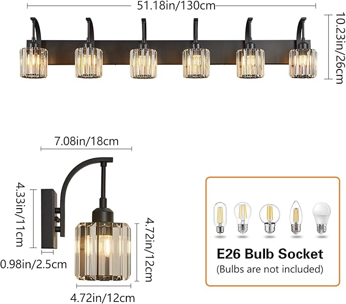 FDPBY 6-Light Crystal Vanity Light, Black Modern Wall Sconce with K9 Crystal Shades, 51.18" Long Over Mirror Lighting for Bathroom, Makeup, Hallway, Elegant & Easy Install