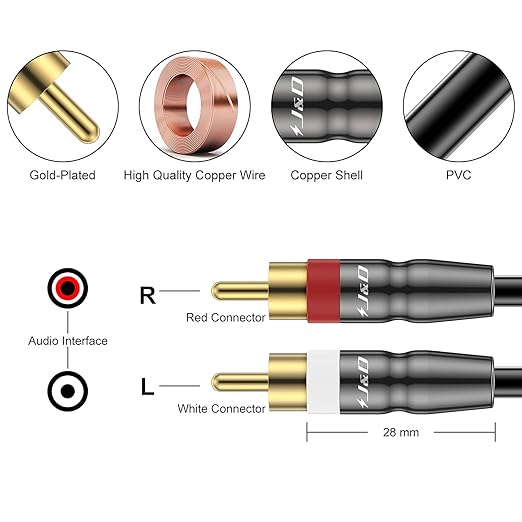 J&D RCA Cable, 2 RCA Male to Male Stereo Audio Cable, Gold-Plated Copper Shell, Heavy Duty, Compatible with Speaker, Amplifier, Subwoofer, 25 Feet
