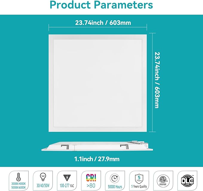VocgoUU 2x2 LED Flat Panel Light for Drop Ceiling, 0-10V Dimmable, 30W/40W/50W Selectable, 4CCT 3000K/4000K/5000K/6000K, Up to 5500LM, ETL Listed, 100-277V, 16 Pack