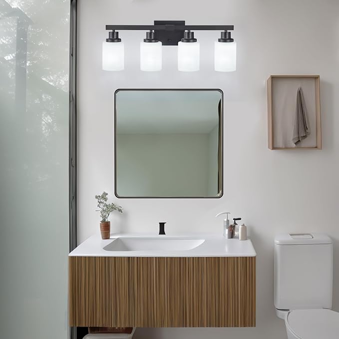 DIKAIDA Bathroom Light Fixtures, 4-Light Matte Black Bathroom Vanity Lights with Milky White Glass Shade, Bathroom Lights Over Mirror Wall Lamp Sconces for Mirror Bedroom, Living Room Hallway