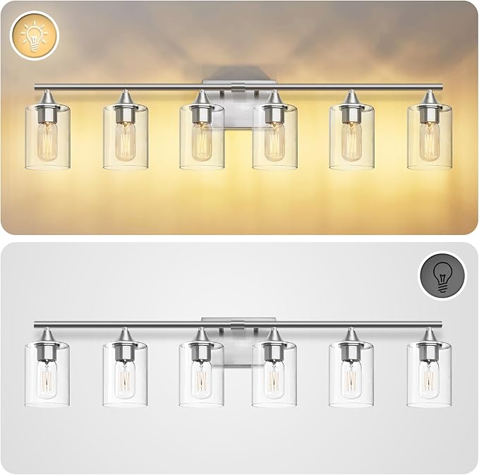 XPEHK 6-Light Bathroom Lighting Fixtures Over Mirror,Brushed Nickel Light Fixture Bathroom,Vanity Light with Clear Glass Shade,Modern Wall Lights for Mirror Bedroom Living Hallway