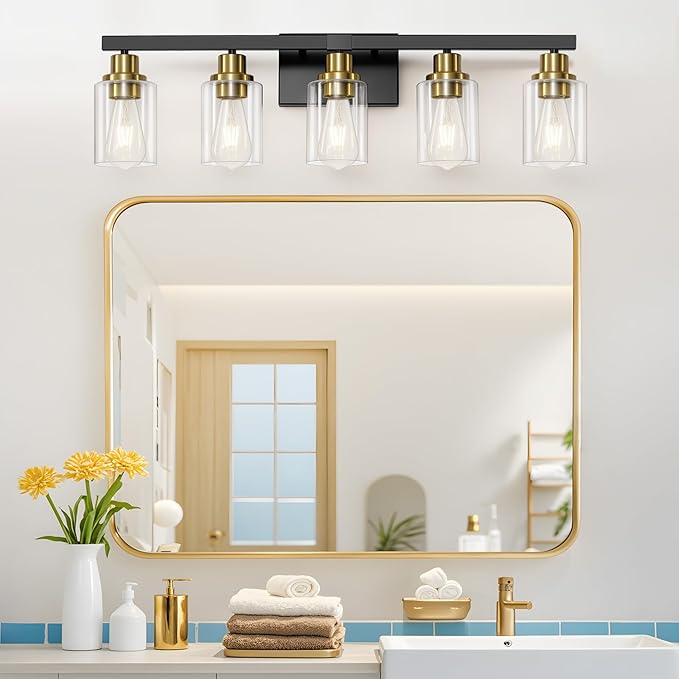 DIKAIDA 5-Light Black and Gold Bathroom Vanity Light, 30" Modern Vanity Lighting Fixture, Bathroom Light Fixtures, Wall Sconces with Clear Glass Shade, Black Bathroom Wall Light Over Mirror