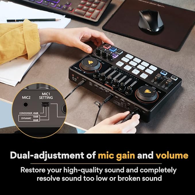 MAONO Audio Interface, MaonoCaster 10-Channel Podcast mixer with Pro-preamp, 48V Phantom Power, Bluetooth, 11 Customize sound pads for Recording, Streaming, Youtube, TikTok, PC, Guitar (AME2)