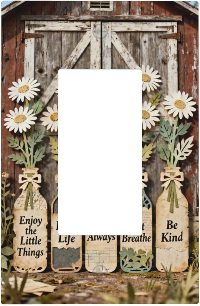 Bvtewkhz Rustic Daisy Barn Door Flowers 1 Gang Single Rocker Decorative Light Switch Covers Electrical Faceplate Switch Plates for Bathroom Kitchen Home