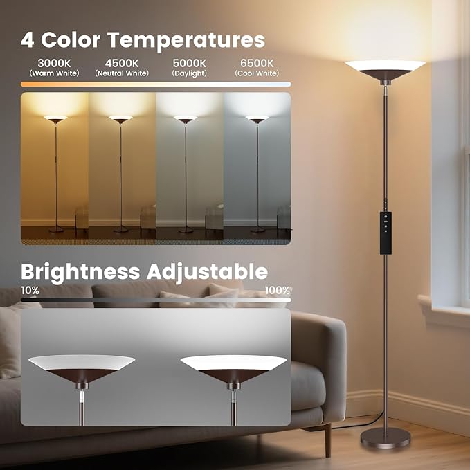 SIBRILLE Brown Torchiere Floor Lamp - 30W Dimmable LED Standing Lamp with Remote, 4 Color Temps, Stepless Dimming, 3000-6500K, 1800LM, 72in Tall Floor Light for Office Bedroom Living Room Corner