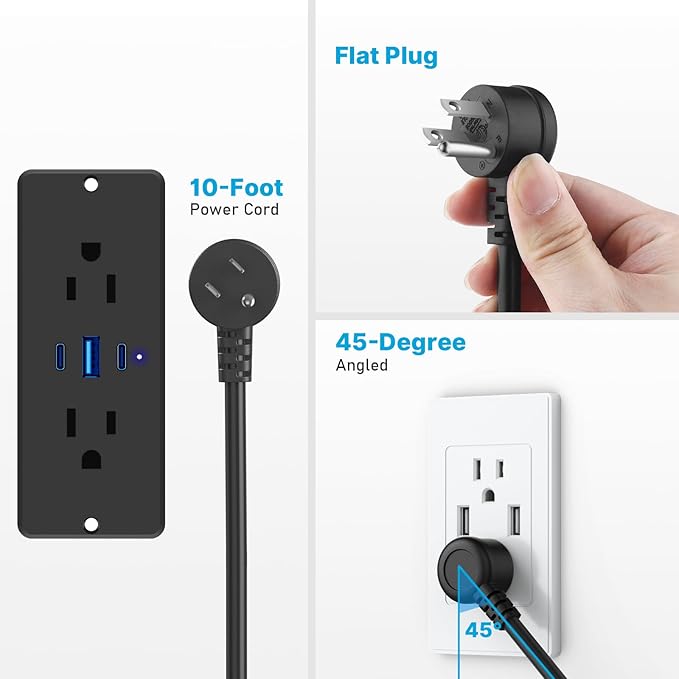 CCCEI Recessed Power Strip with Outlet and 65W USB C Ports, Furniture Flush Mount Power Strip, Small Desk Hidden Outlet for Conference Table, Nightstand, Black, 10FT.