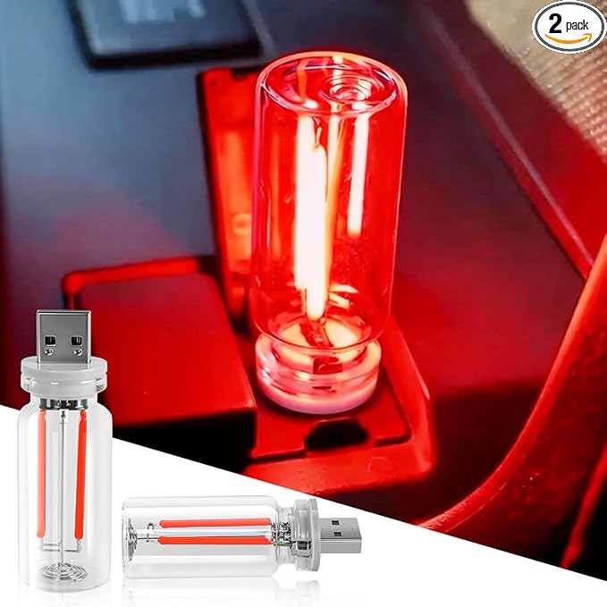 2PCS USB Car LED Interior Lights, Mini Ambient Lighting Accessories, Touch Control Decorative Night Lamps for Vehicle, Bedroom, Camping, Holiday Decor(Red)