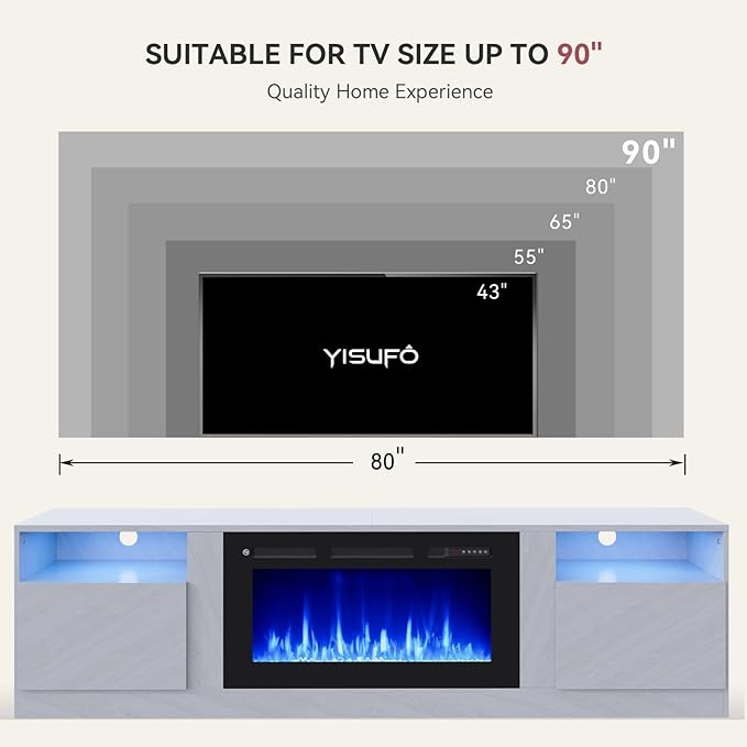 YISUFO 80” TV Stand with 36” Electric Fireplace, Large Modern Media Entertainment Center with Storage Cabinet and 12 Colors LED Lights for TVs Up to 90",Grey and Black