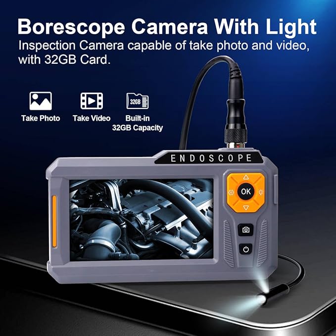 5‘’ Dual Lens Endoscope Camera with Light, 1080P Borescope Inspection Camera with Photo & Video, 7.9mm IP67 Waterproof Sewer with 7 LED Lights,16.5FT Semi-Rigid Cable, Built-in 32G Card