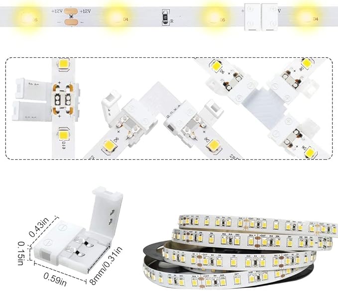LightingWill 2 Pin LED Strip Light Connector Kit, 8mm Solderless Adapter Connectors, LED Strip Accessories Set for 8mm Wide 3528 2835 Single Color Flex LED Strips, 24 Pack