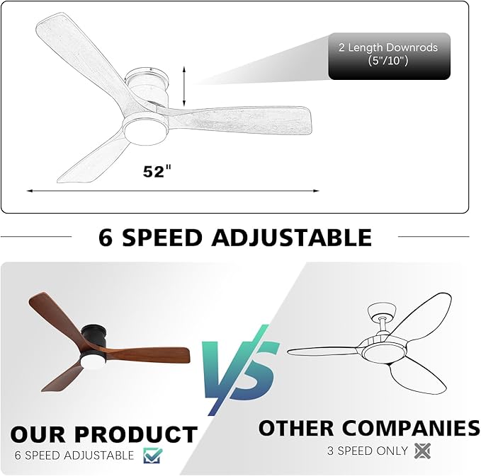 revoici 52" Ceiling Fans Flush Mount with Lights and Remote Control, Dark Brown Solid Wood Ceiling Fans for Indoor Outdoor Farmhouse, Timing 6 Speeds 3 Color Light with Memory Lighting