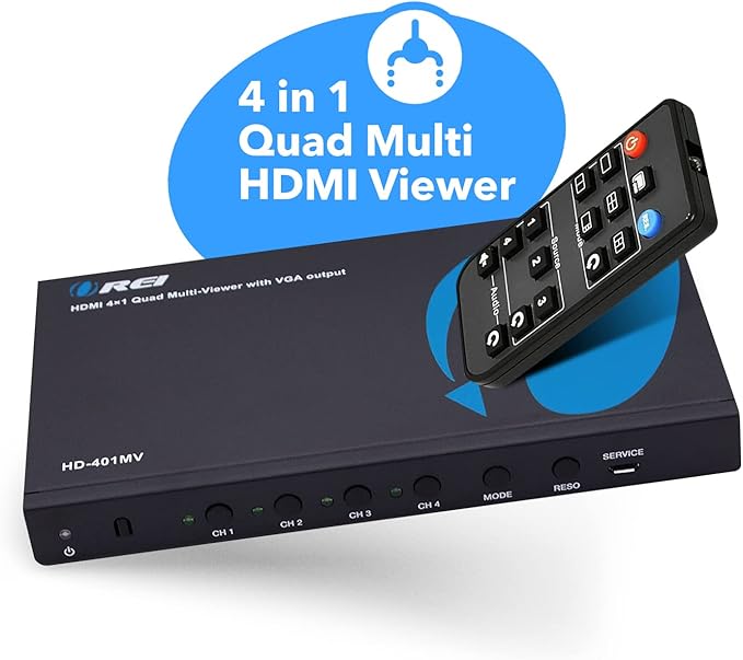 Quad Multi Viewer 4 in 1 Out by OREI HDMI Switcher 4 Ports Seamless Switcher and IR Remote Support 1080P for PS4/PC/DVD/Security Camera, HDMI Switch VGA Output - HD-401MV