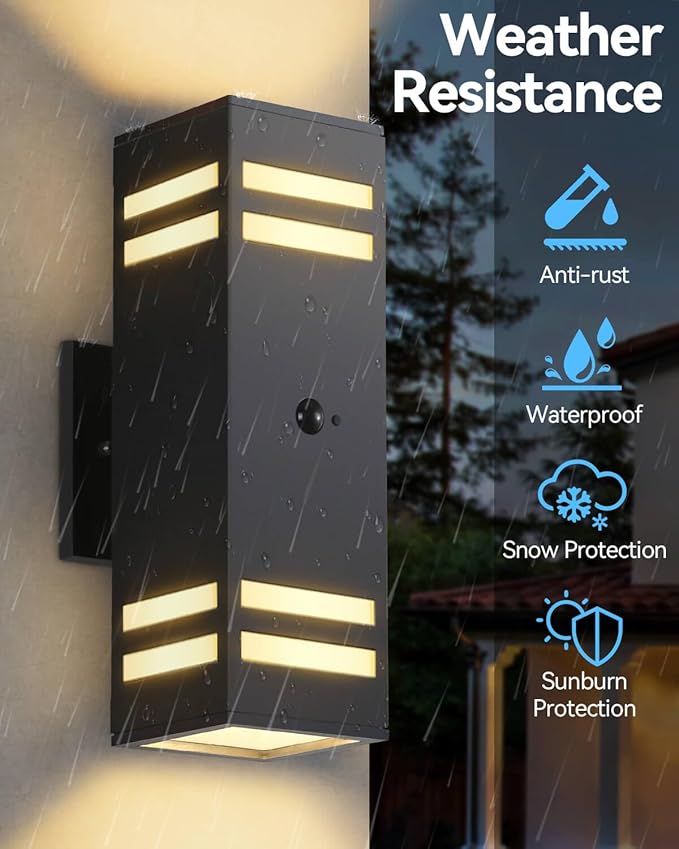 Zinola Motion Sensor Outdoor Lights 2 Pack, Modern Outdoor Wall Lights Black Exterior Lighting Fixtures, Square Motion Detector Lights for Outside, Waterproof Sconce for House Porch, Bulbs Included