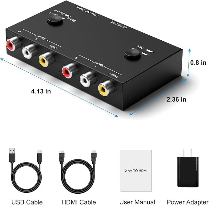 Dingsun 2 Port AV to HDMI Converter, RCA to HDMI Adapter Support 16:9/4:3 Compatible with WII, N64, PS2, VHS, VCR DVD Players etc