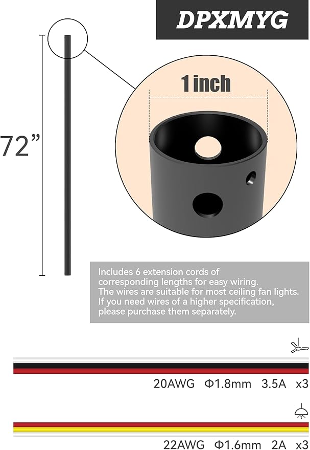 DPXMYG 72 inch Ceiling Fan Downrod with Extension Cord, 6 FT Black Downrod for Ceiling Fan, 1 inch Outside Diameter, Ceiling Fan Boom Suitable for a Wide Range of Fans (Black, Not Threaded)