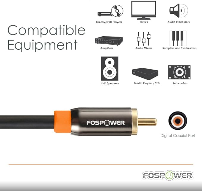 FosPower Digital Audio Coaxial Cable [24K Gold Plated Connectors] Premium S/PDIF RCA Male to RCA Male for Home Theater, HDTV, Subwoofer, Hi-Fi Systems - 3ft