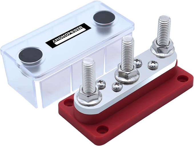 AMOMD 300A Bus Bar 3 Terminal Studs (3/8 inch) M10 4x8#-32 Screws Nickel Plated Copper Distribution Block Negative Electrical Buss Bars 12-48 V DC with Cover for Trailer Marine Boat Car RV (Red)