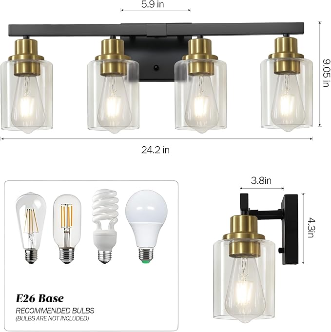 DIKAIDA Bathroom Vanity Light, 4-Light Black and Gold Bathroom Light Fixtures with Clear Glass Shade, Bathroom Lighting Fixtures Over Mirror,Bath Black Wall Lights for Mirror Bedroom,Living Room
