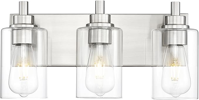 METWET 3-Light Bathroom Light Fixtures, Brushed Nickel Vanity Light with Cylinder Clear Glass Shade, Modern Vanity Lighting Fixtures Over Mirror, VL143-BN-3