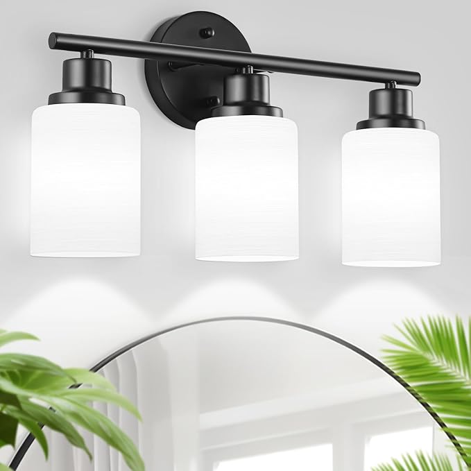 Guliaofo 3-Light Bathroom Light Fixtures, Black Vanity Lights for Mirror with Textured Milky White Glass Shade, E26 Base Modern Kitchen Light Fixtures Wall Sconce Light