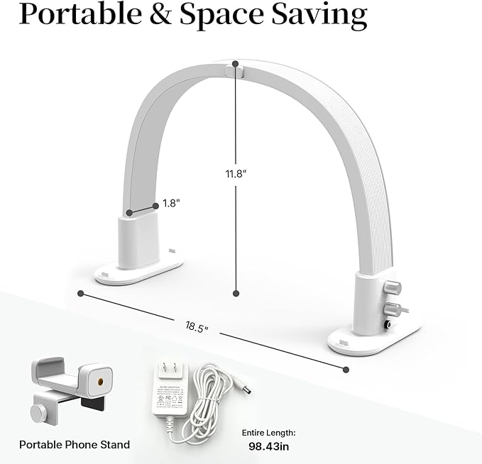 Half Moon Light for Nail Desk, Portable Nail Light for Desk with Phone Holder, Stepless Adjustment of Brightness and Color Temperature, Desk Lamp for Nail Tech, Eyelash, Tattoo, Makeup (White)