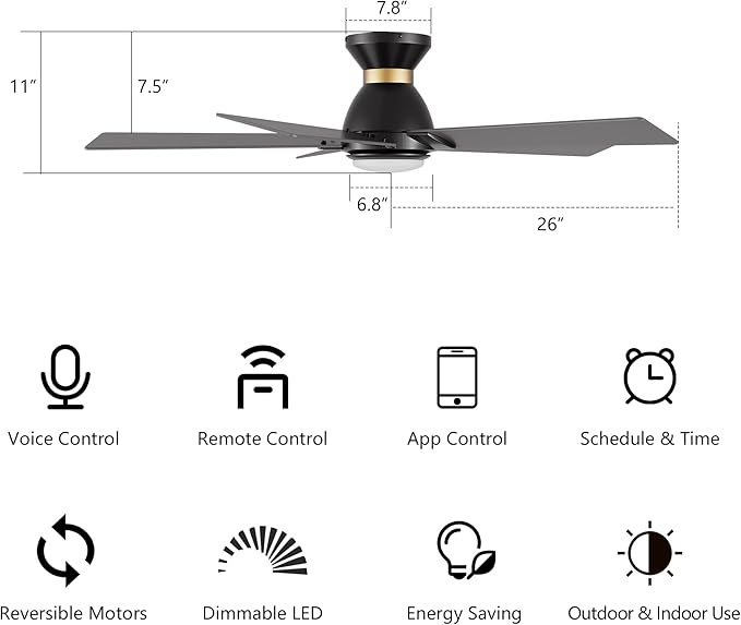 SMAAIR 52 Inch Smart Ceiling Fan with Light and Remote, Flush Mount Modern Ceiling Fan with lights,Compatible with Alexa/Google Assistant/Siri,Timer and Schedule,10 Speed DC Motor,Black