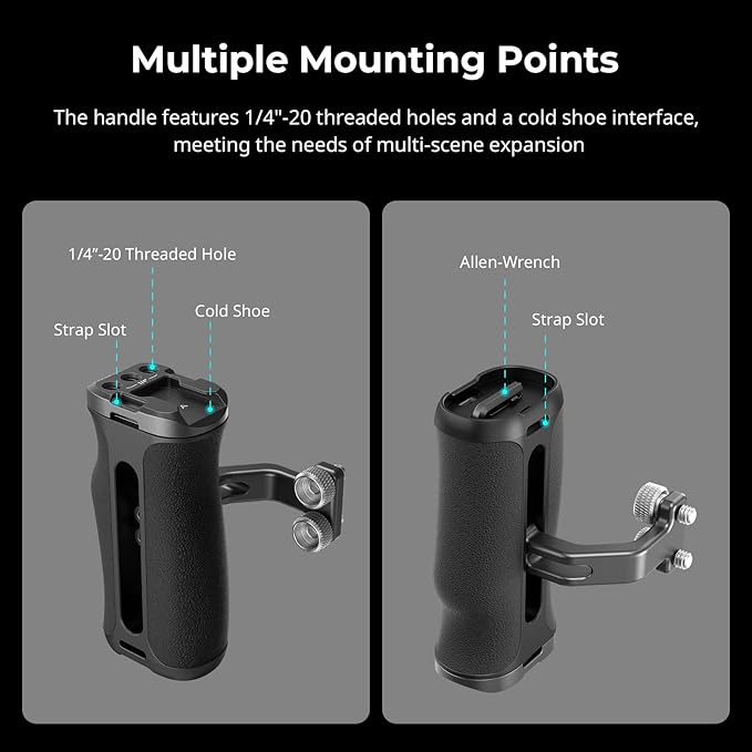SmallRig Mini Side Handle with 1/4" -20 Screws for Camera Cage, Up and Down Adjustable, for Left or Right Hand, Ergonomic Camera Handle with Built-in Cold Shoe and Threaded Hole - 4756