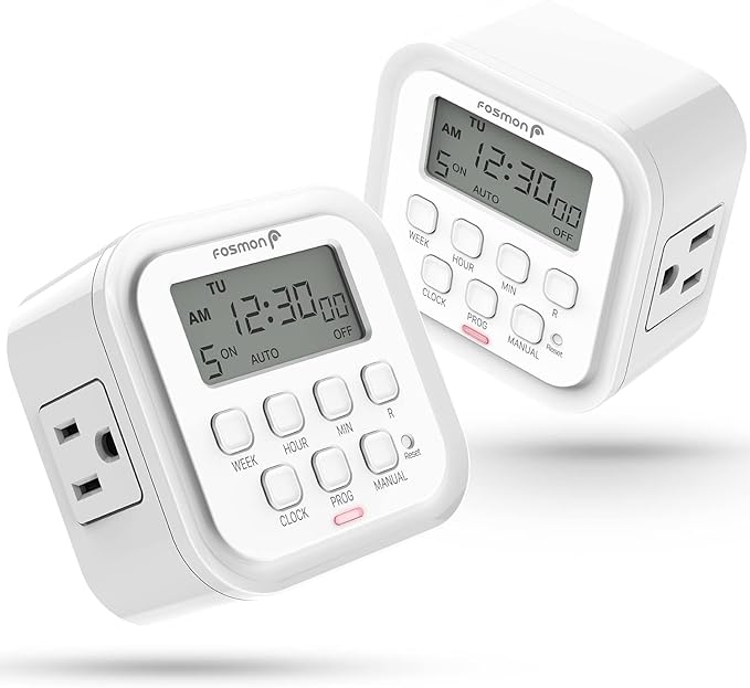 Fosmon 7 Day Digital Timers for Electrical Outlets, Indoor Plug-in Light Timers Switch Programmable, Electric Wall Plug for Lamp, Grow Reptile Lights, Aquarium, 15A/1875W, Grounded- 2 Pack